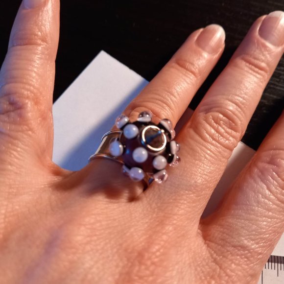Funky Handblown Glass Bead and Silver Ring - Picture 4 of 5